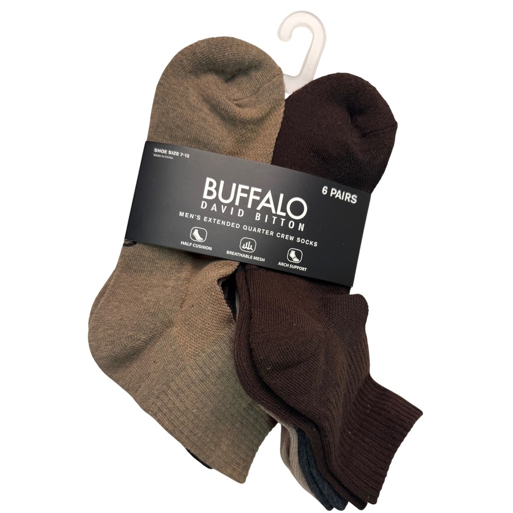 Buffalo David Bitton Mens Extended Quarter Crew Socks 6 Pair Brown Grey 7-12